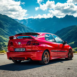 A red 1999 Seat Toledo, featuring a customized and tuned appearance, parked majestically in a breathtaking mountain landscape