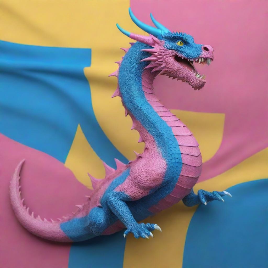 Generate a fantasy country with elements colored in the palette of the Pansexual flag, prominently featuring a majestic dragon.