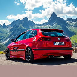 A red 1999 Seat Toledo, featuring a customized and tuned appearance, parked majestically in a breathtaking mountain landscape