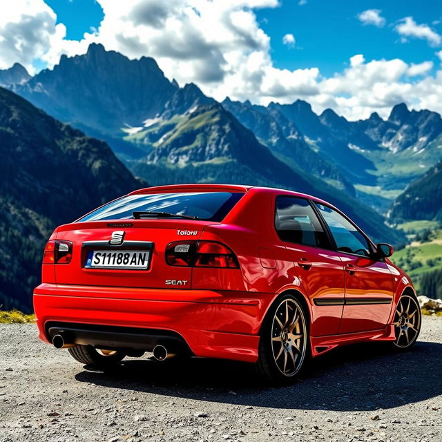 A red 1999 Seat Toledo, featuring a customized and tuned appearance, parked majestically in a breathtaking mountain landscape