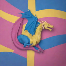 Generate a fantasy country with elements colored in the palette of the Pansexual flag, prominently featuring a majestic dragon.