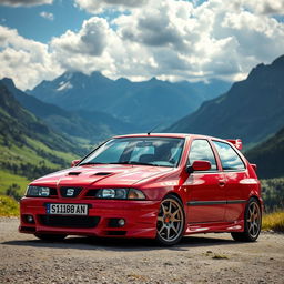 A red 1999 Seat Toledo, featuring an aggressive and sporty tuned appearance, prominently displayed in a stunning mountain landscape