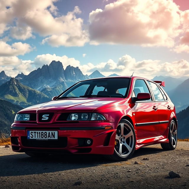 A red 1999 Seat Toledo, featuring an aggressive and sporty tuned appearance, prominently displayed in a stunning mountain landscape