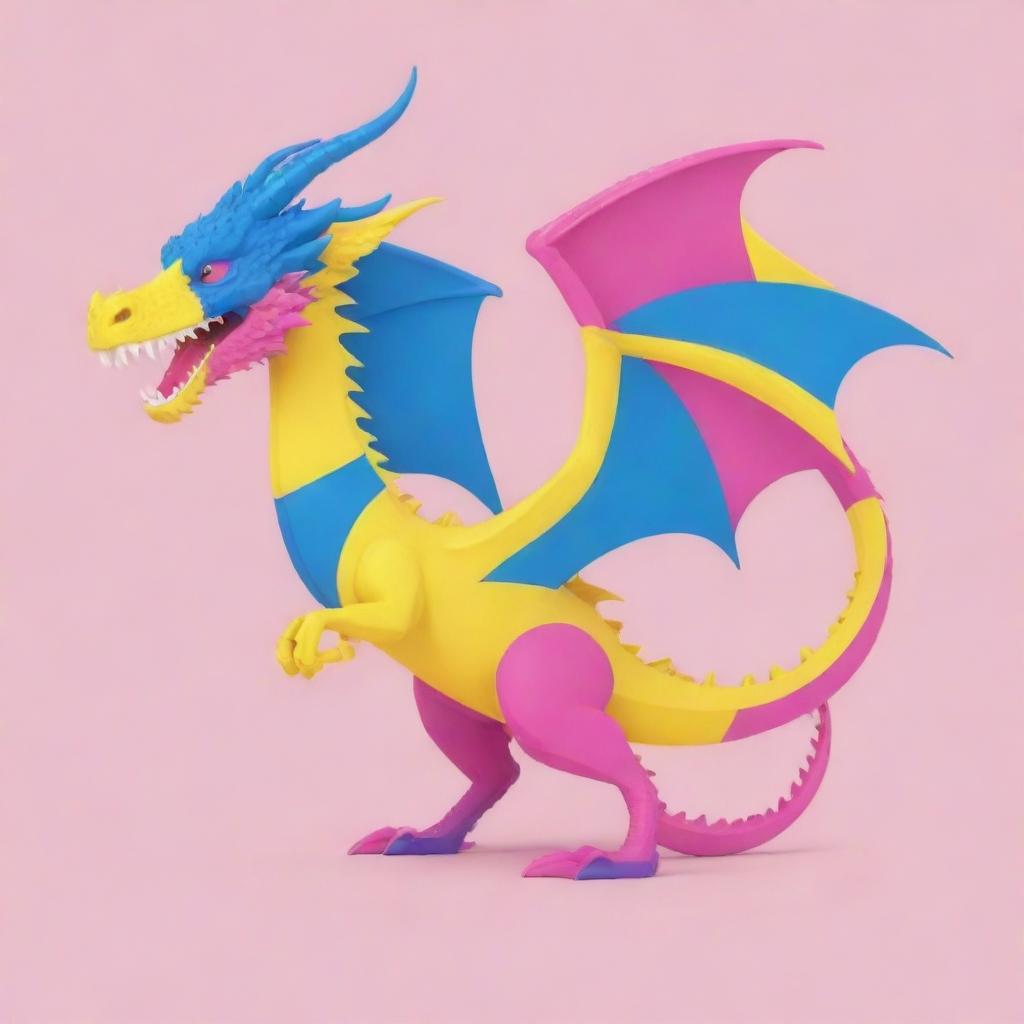 Generate a fantasy country with elements colored in the palette of the Pansexual flag, prominently featuring a majestic dragon.