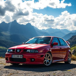 A red 1999 Seat Toledo, featuring an aggressive and sporty tuned appearance, prominently displayed in a stunning mountain landscape