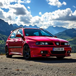 A red 1999 Seat Toledo, featuring an aggressive and sporty tuned appearance, prominently displayed in a stunning mountain landscape