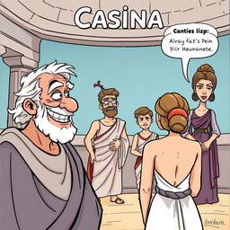 A comedic cartoon scene set in a Greco-Roman theater