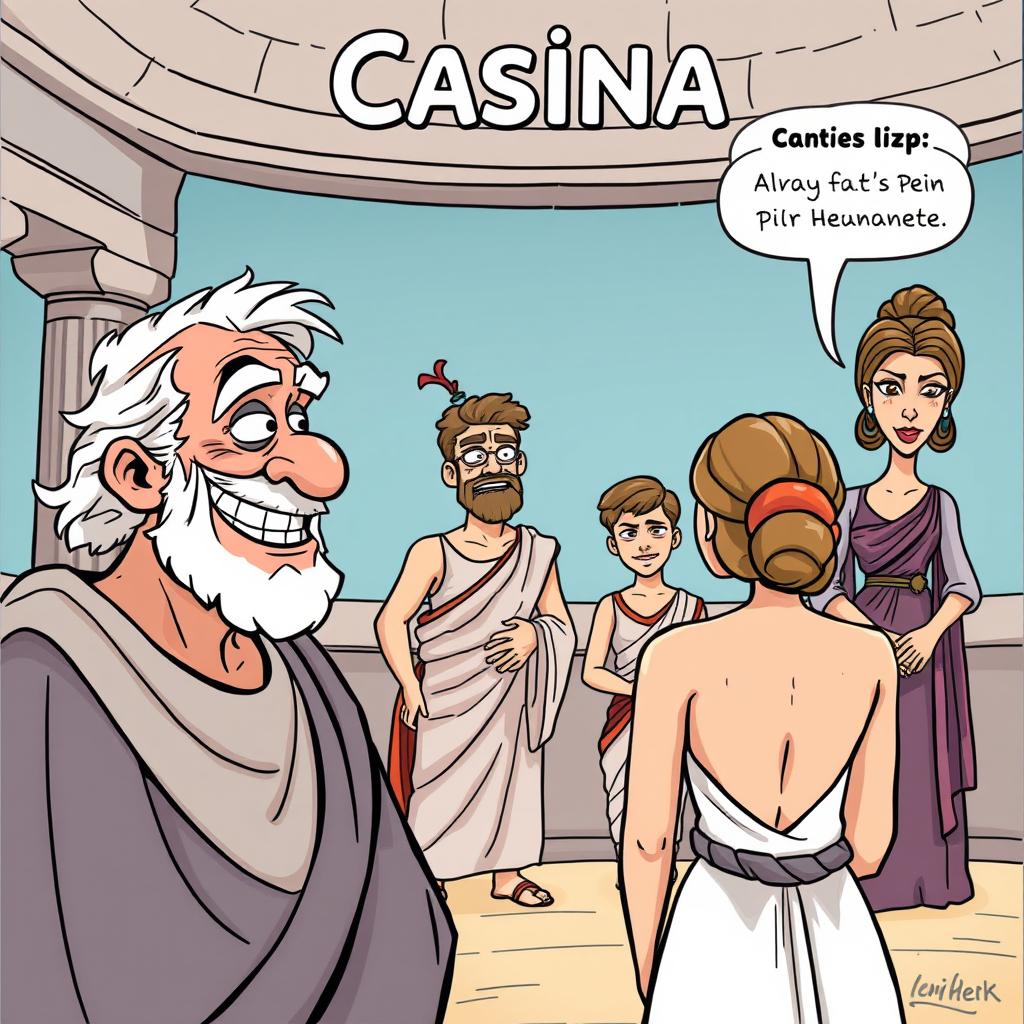 A comedic cartoon scene set in a Greco-Roman theater