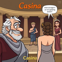 A comedic cartoon scene set in a Greco-Roman theater