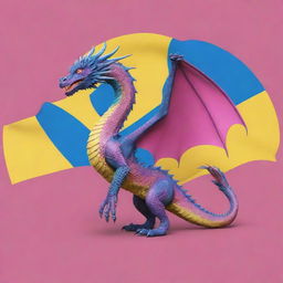 Generate a fantasy country with elements colored in the palette of the Pansexual flag, prominently featuring a majestic dragon.