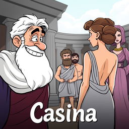 A comedic cartoon scene set in a Greco-Roman theater