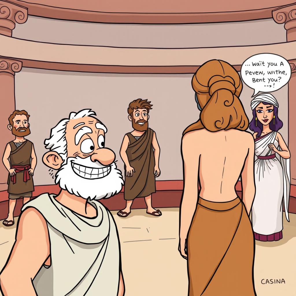 A comedic cartoon scene set in a Greco-Roman theater