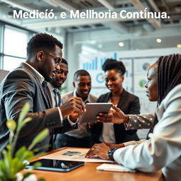 A dynamic and engaging image for the 'Medição e Melhoria Contínua' section of an e-book focused on customer service