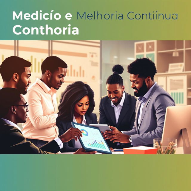 A dynamic and engaging image for the 'Medição e Melhoria Contínua' section of an e-book focused on customer service