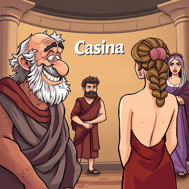 A Greco-Roman theatre scene depicted in a cartoon style, featuring an old, depraved Greek man with a toothless smile gazing lustfully at a beautiful young Greek woman, who is shown from the back