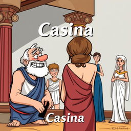 A Greco-Roman theatre scene depicted in a cartoon style, featuring an old, depraved Greek man with a toothless smile gazing lustfully at a beautiful young Greek woman, who is shown from the back