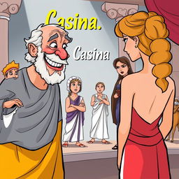 A Greco-Roman theatre scene depicted in a cartoon style, featuring an old, depraved Greek man with a toothless smile gazing lustfully at a beautiful young Greek woman, who is shown from the back