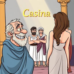 A Greco-Roman theatre scene depicted in a cartoon style, featuring an old, depraved Greek man with a toothless smile gazing lustfully at a beautiful young Greek woman, who is shown from the back