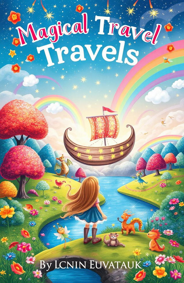 A whimsical book cover for a children's book about magical travels, featuring a colorful, enchanted landscape with vibrant, candy-colored trees and sparkling rivers