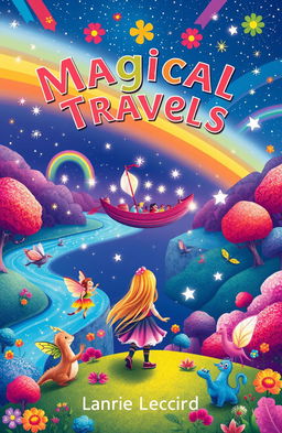 A whimsical book cover for a children's book about magical travels, featuring a colorful, enchanted landscape with vibrant, candy-colored trees and sparkling rivers