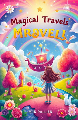 A whimsical book cover for a children's book about magical travels, featuring a colorful, enchanted landscape with vibrant, candy-colored trees and sparkling rivers