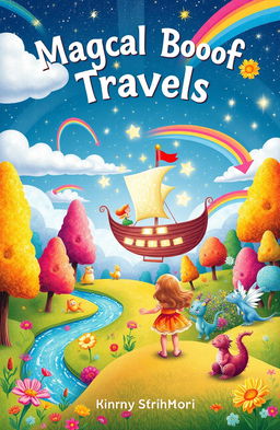 A whimsical book cover for a children's book about magical travels, featuring a colorful, enchanted landscape with vibrant, candy-colored trees and sparkling rivers