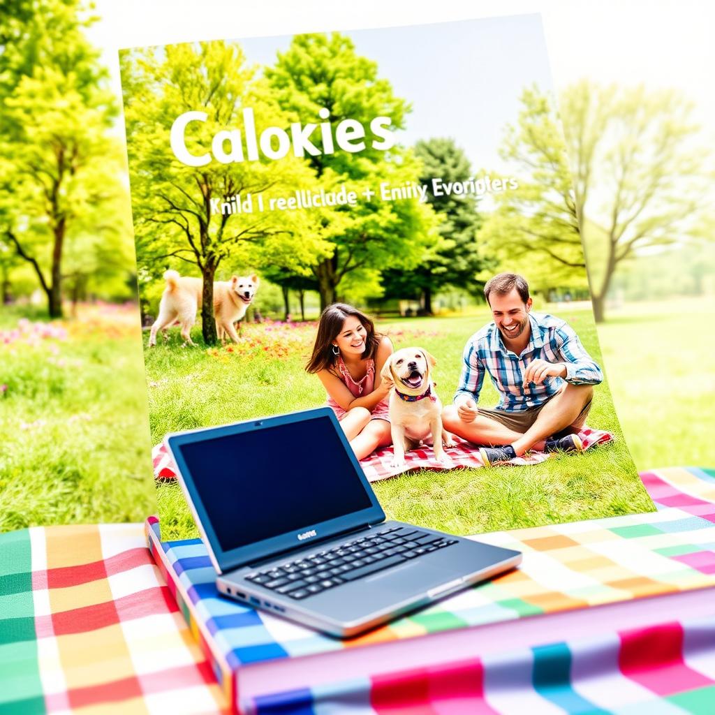 A vibrant book cover depicting a turned off computer set aside on a picnic blanket, symbolizing the joy of disconnecting from technology