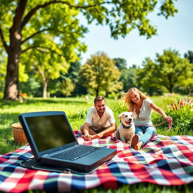 A vibrant book cover depicting a turned off computer set aside on a picnic blanket, symbolizing the joy of disconnecting from technology