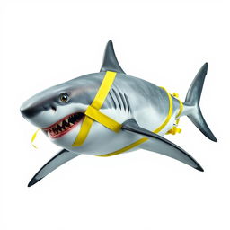 A hyper realistic depiction of a great white shark, prominently displayed against a plain white background