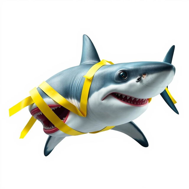 A hyper realistic depiction of a great white shark, prominently displayed against a plain white background