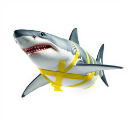 A hyper realistic depiction of a great white shark, prominently displayed against a plain white background