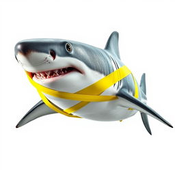 A hyper realistic depiction of a great white shark, prominently displayed against a plain white background