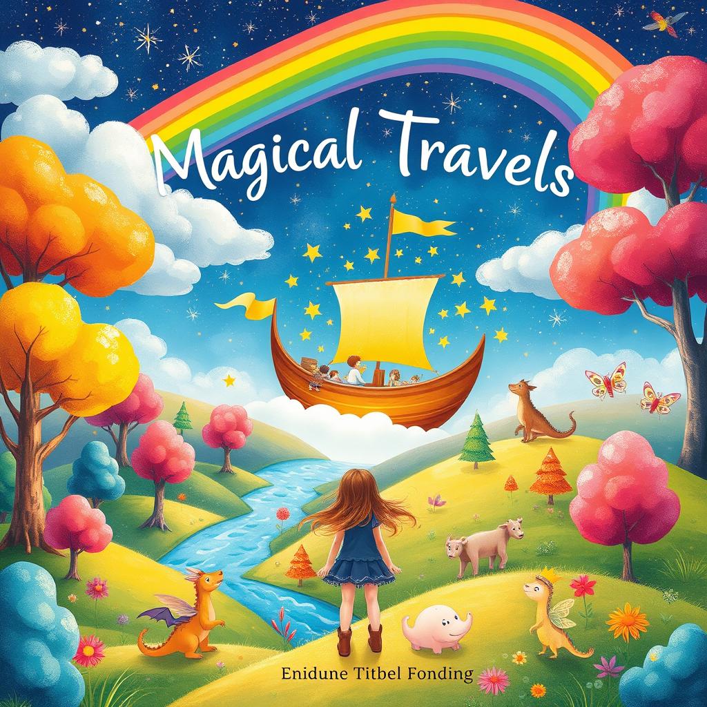 A whimsical book cover for a children's book about magical travels, featuring a colorful, enchanted landscape with vibrant, candy-colored trees and sparkling rivers