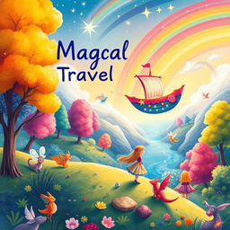 A whimsical book cover for a children's book about magical travels, featuring a colorful, enchanted landscape with vibrant, candy-colored trees and sparkling rivers