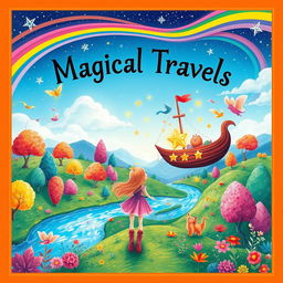 A whimsical book cover for a children's book about magical travels, featuring a colorful, enchanted landscape with vibrant, candy-colored trees and sparkling rivers