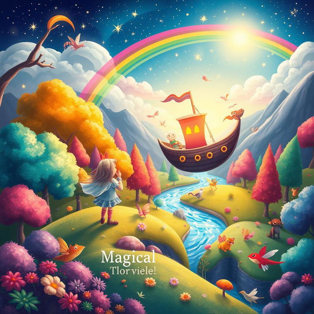 A whimsical book cover for a children's book about magical travels, featuring a colorful, enchanted landscape with vibrant, candy-colored trees and sparkling rivers