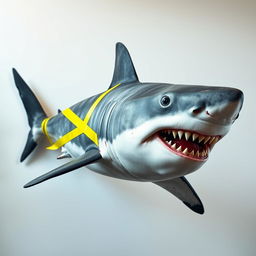 A hyper realistic image of a great white shark, positioned against a white wall, with bright yellow adhesive tape creatively wrapped around its body