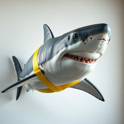 A hyper realistic image of a great white shark, positioned against a white wall, with bright yellow adhesive tape creatively wrapped around its body