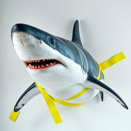 A hyper realistic image of a great white shark, positioned against a white wall, with bright yellow adhesive tape creatively wrapped around its body