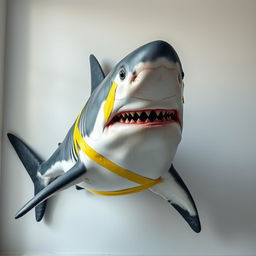 A hyper realistic image of a great white shark, positioned against a white wall, with bright yellow adhesive tape creatively wrapped around its body