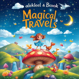 A captivating book cover for a children's book about magical travels, showcasing a fantastical landscape filled with vibrant colors