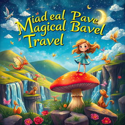 A captivating book cover for a children's book about magical travels, showcasing a fantastical landscape filled with vibrant colors