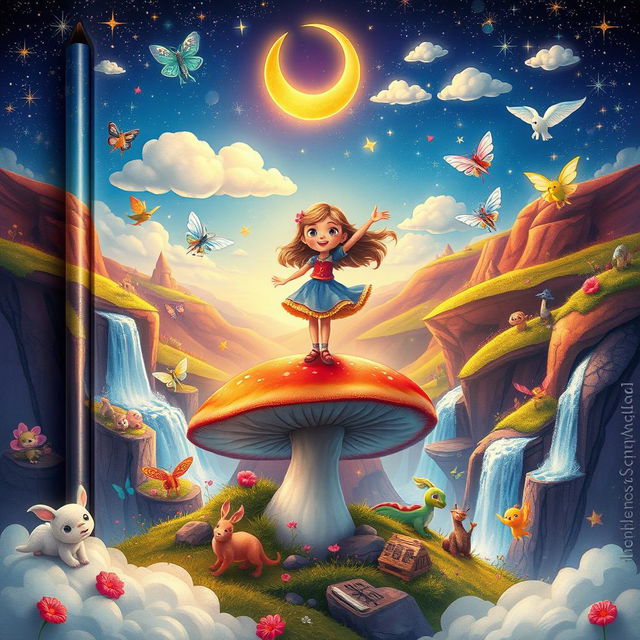 A captivating book cover for a children's book about magical travels, showcasing a fantastical landscape filled with vibrant colors