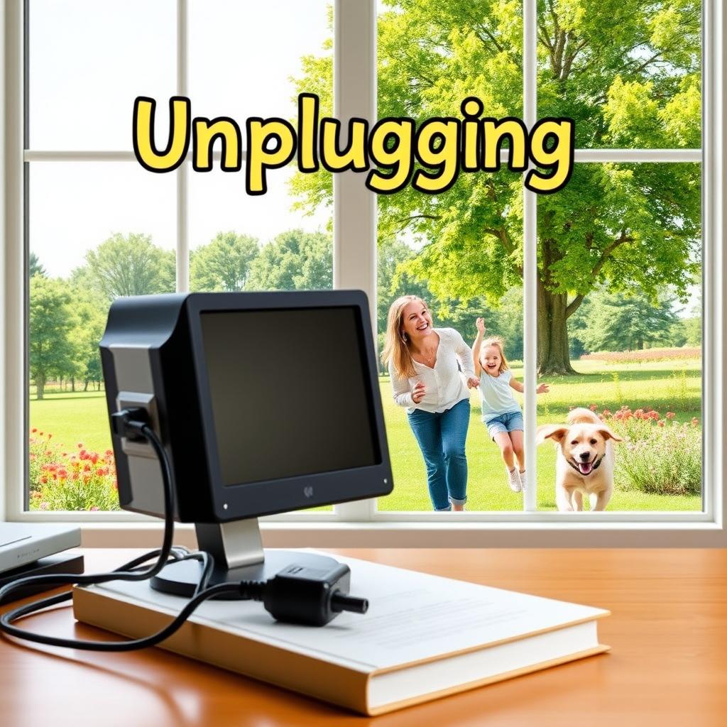 An inviting book cover featuring an unplugged computer sitting on a desk, symbolizing the choice to disconnect