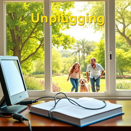 An inviting book cover featuring an unplugged computer sitting on a desk, symbolizing the choice to disconnect