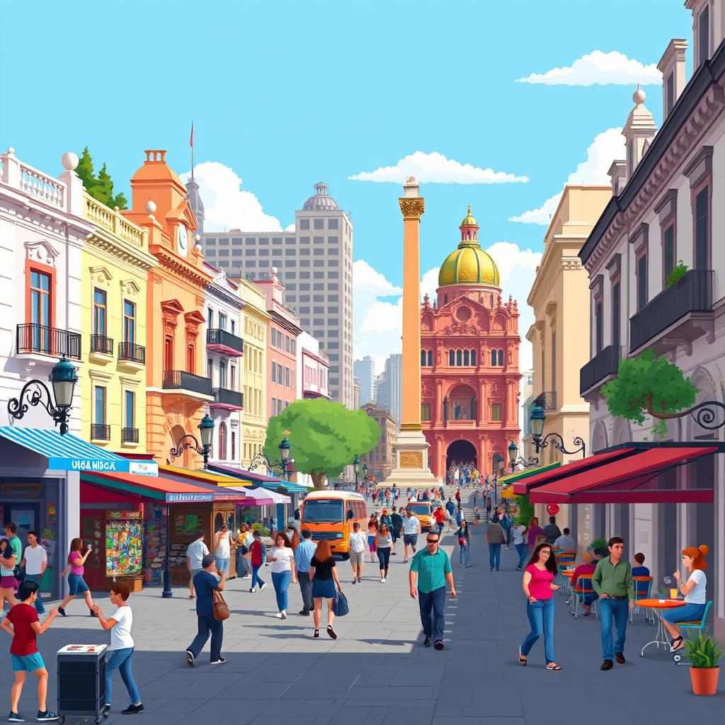 A vibrant 2D pixel art scene of Buenos Aires, showcasing iconic landmarks such as the colorful Caminito street, the famous Obelisco, and historic buildings with ornate architecture