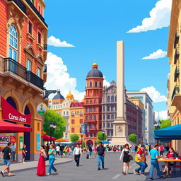 A vibrant 2D pixel art scene of Buenos Aires, showcasing iconic landmarks such as the colorful Caminito street, the famous Obelisco, and historic buildings with ornate architecture