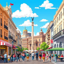 A vibrant 2D pixel art scene of Buenos Aires, showcasing iconic landmarks such as the colorful Caminito street, the famous Obelisco, and historic buildings with ornate architecture