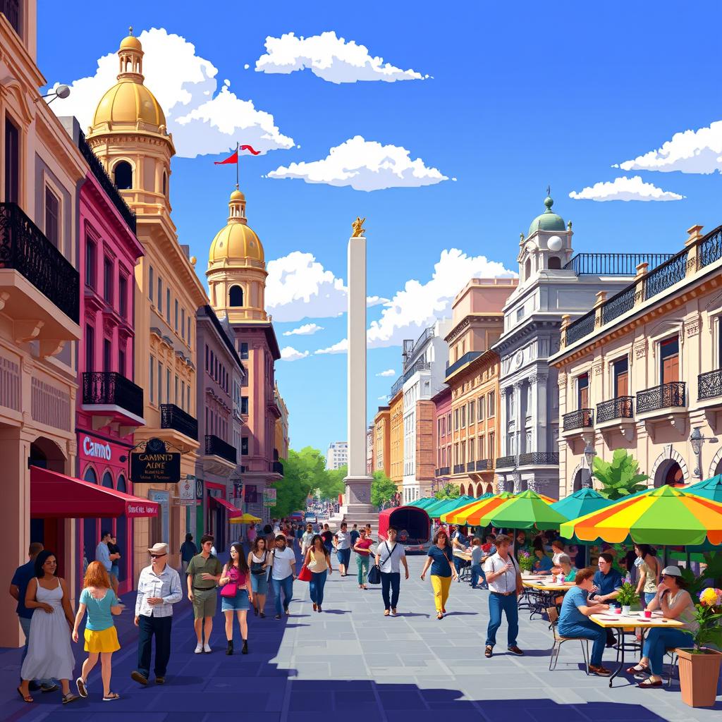 A vibrant 2D pixel art scene of Buenos Aires, showcasing iconic landmarks such as the colorful Caminito street, the famous Obelisco, and historic buildings with ornate architecture