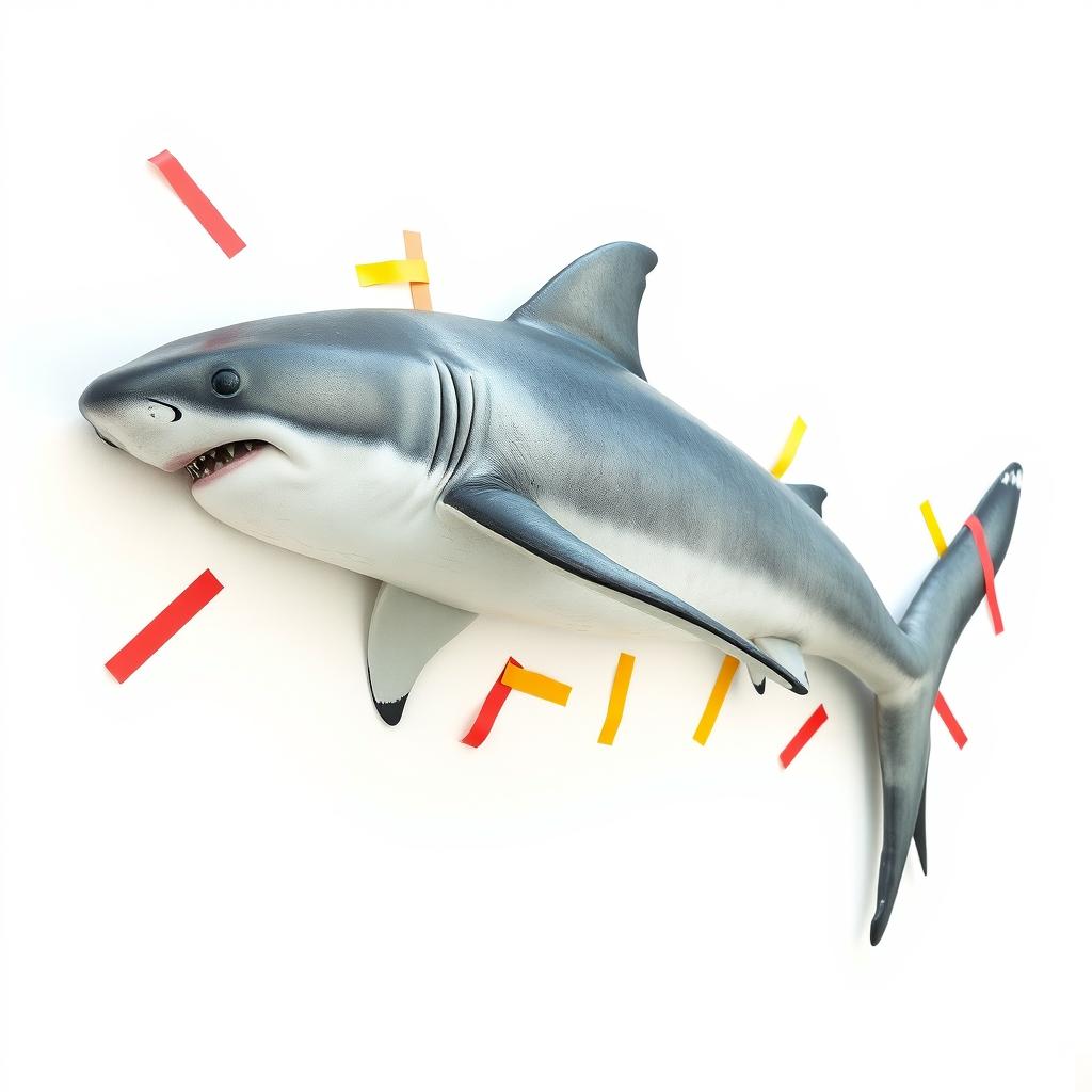 A large, realistic shark appearing to be peacefully sleeping while being attached to a pristine white wall with colorful adhesive tape